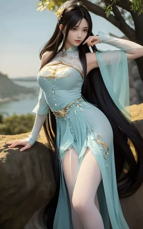 身穿蓝色连衣裙的阿拉夫女人在岩石上摆姿势