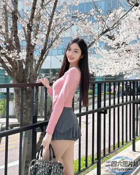 身穿粉色衬衫和灰色裙子的阿拉伯裔女子合影留念