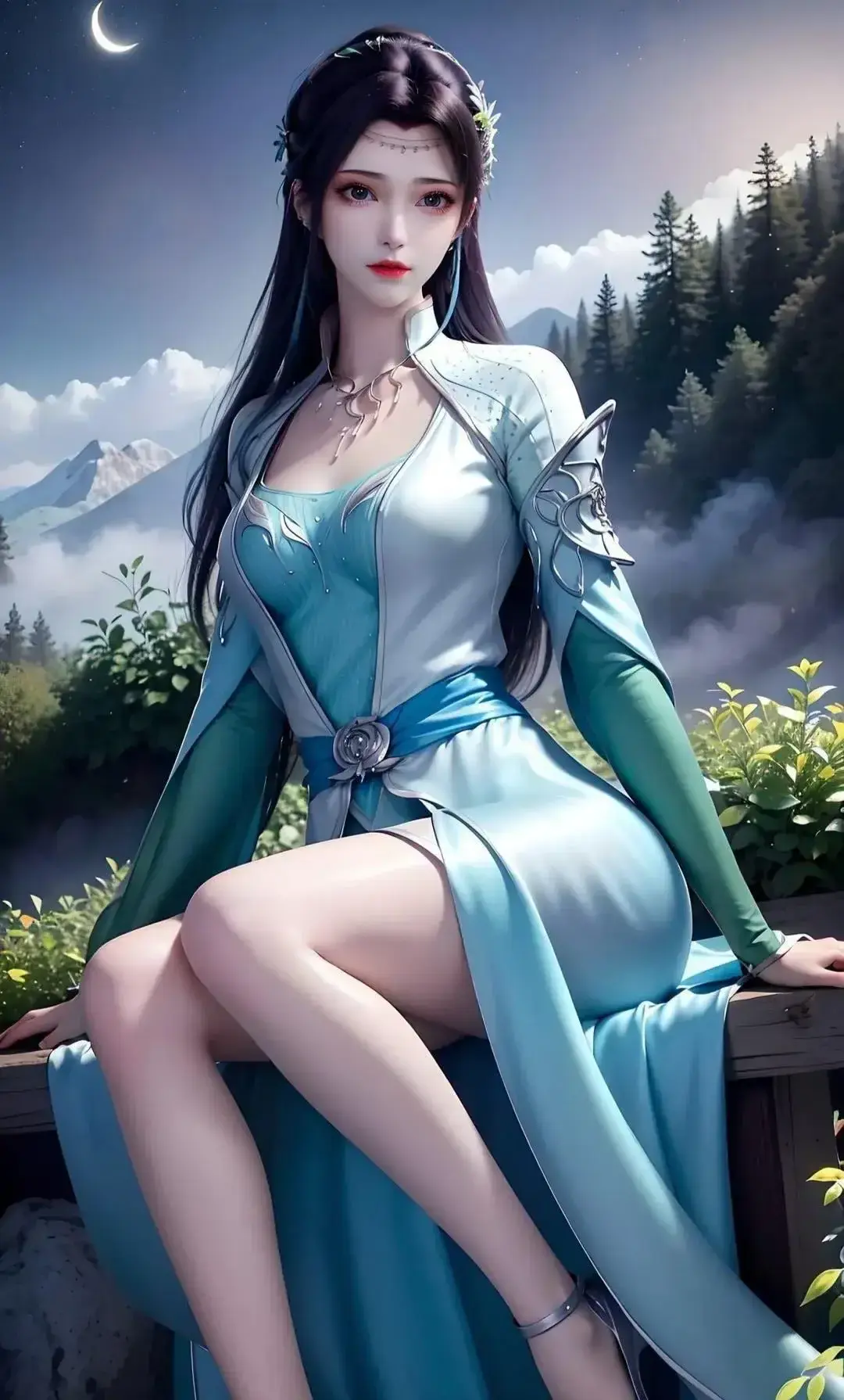 一个穿着蓝色连衣裙的女人坐在山前的长椅上
