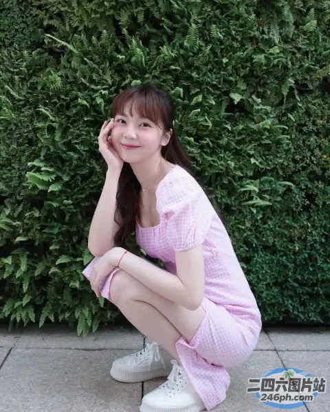 身穿粉红色连衣裙的 Araffe 女子蹲在灌木丛旁边的人行道上