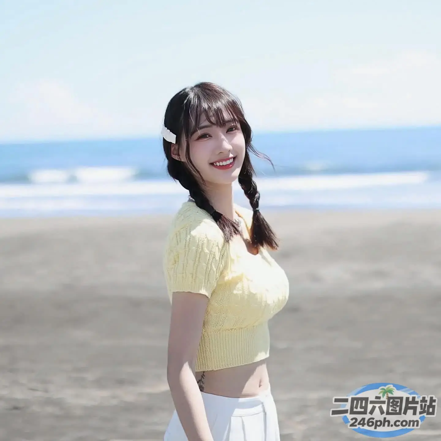一个女人站在海滩上，旁边是一本书