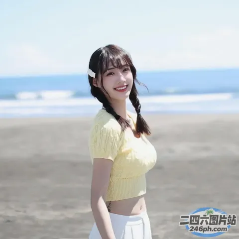一个女人站在海滩上，旁边是一本书