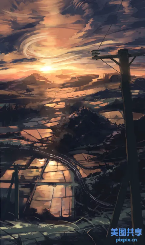 以日落为背景的火车轨道的动漫场景