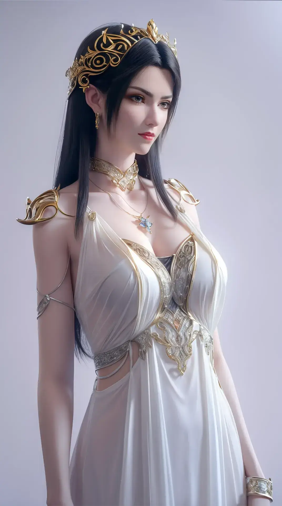 一个身穿白色连衣裙、戴着金冠的女人的特写