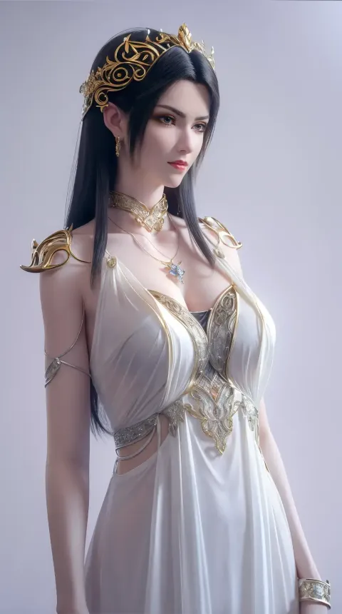 一个身穿白色连衣裙、戴着金冠的女人的特写