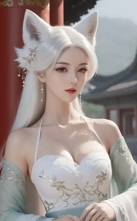 一个白发女人穿着白色连衣裙的特写