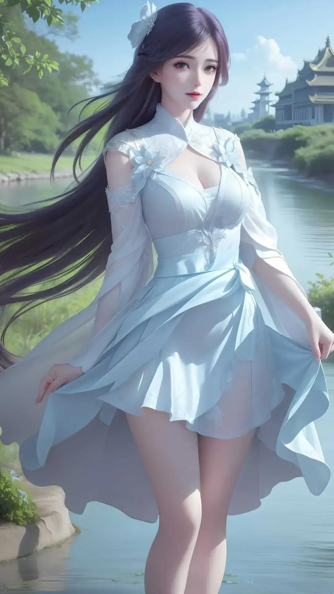 一个身穿蓝色连衣裙的女人站在水体附近