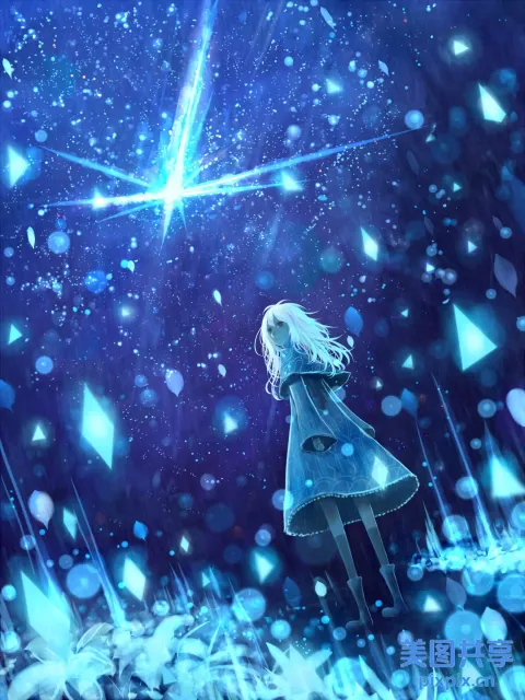动漫女孩看着天上的星星