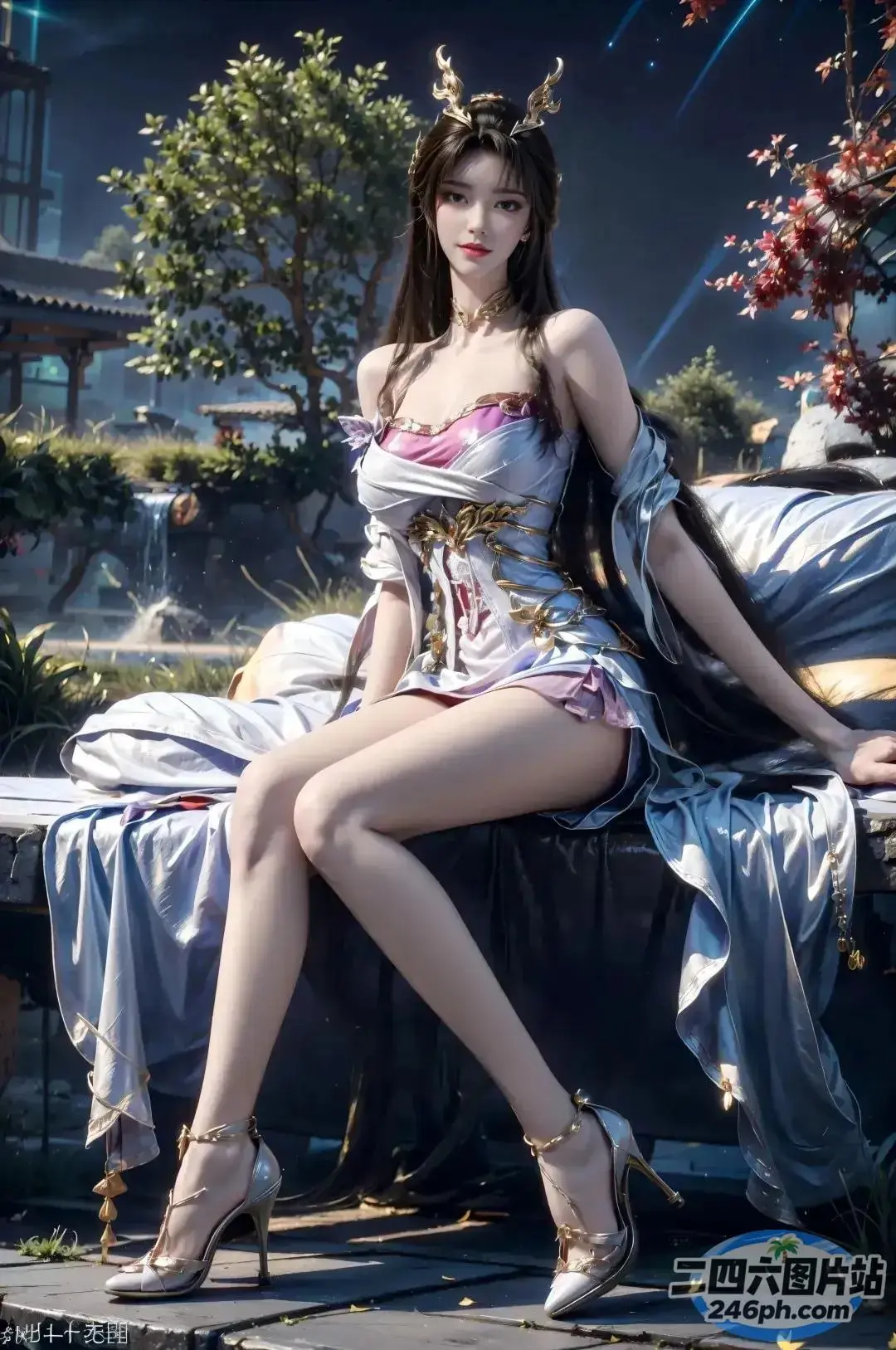 坐在床上的穿着裙子的亚洲女人