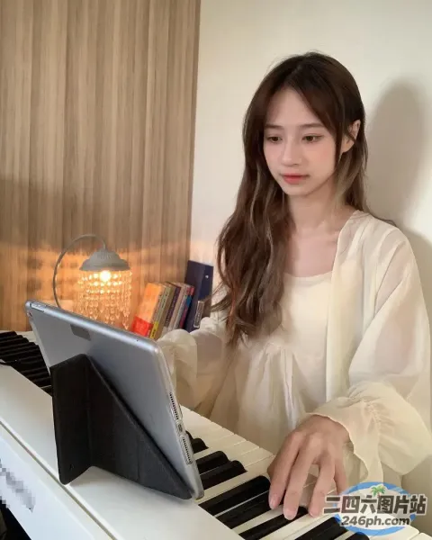 有一位女士拿着笔记本电脑坐在钢琴前