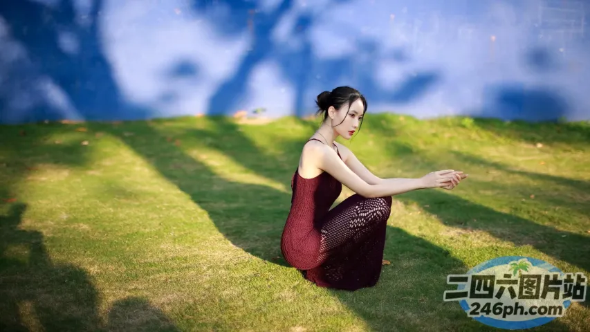 草地上坐着一个女人，穿着裙子