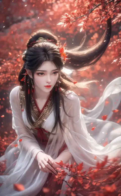 一个穿着白色连衣裙的女人坐在一棵红色的树上