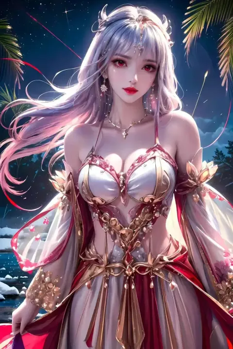 一名身穿红裙的女子站在红地毯上