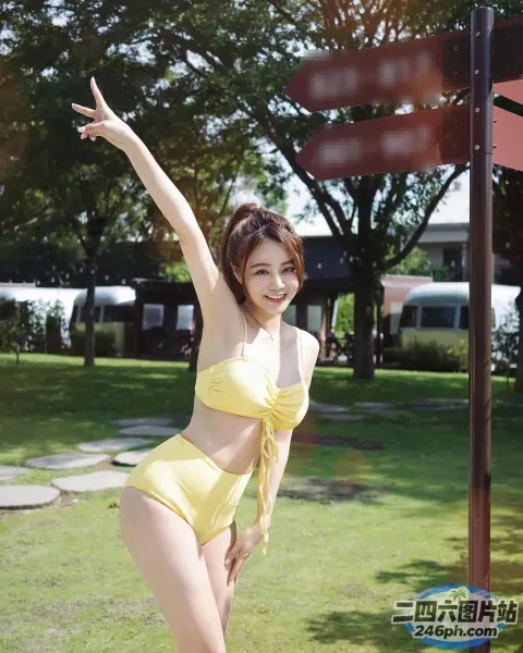 身穿黄色比基尼的 araffe 亚洲女性在公园里摆姿势