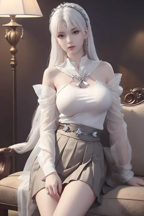 有个女人坐在沙发上，穿着白色的上衣