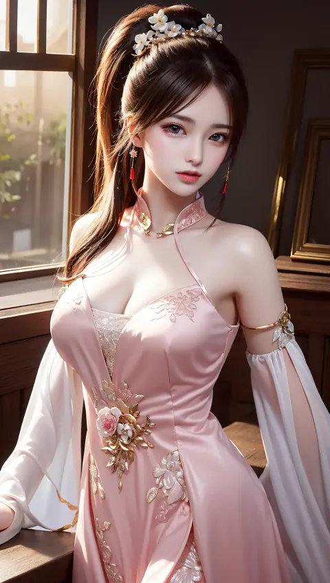 一个穿着粉红色连衣裙摆姿势拍照的女人的特写