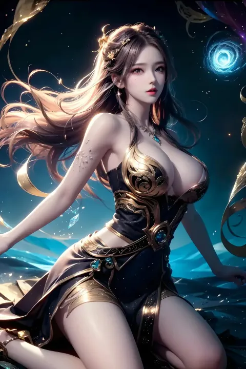 一个穿着裙子的女人拿着剑坐在岩石上