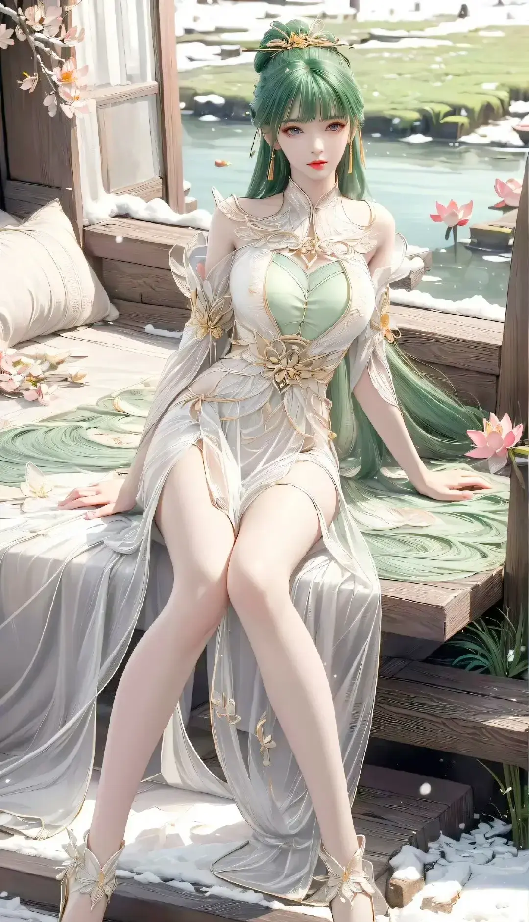 坐在床上的身穿绿色连衣裙的阿拉夫女人