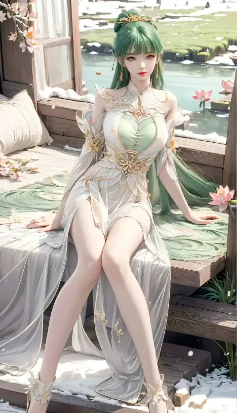 坐在床上的身穿绿色连衣裙的阿拉夫女人