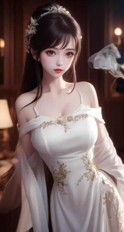 一个穿着白色连衣裙的女人的特写镜头，一只鸟在她周围飞翔