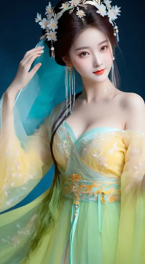 身穿黄色连衣裙，戴着花冠的阿拉夫德女人
