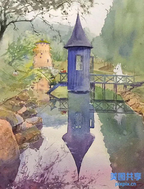 画公园里一座小塔的水彩画