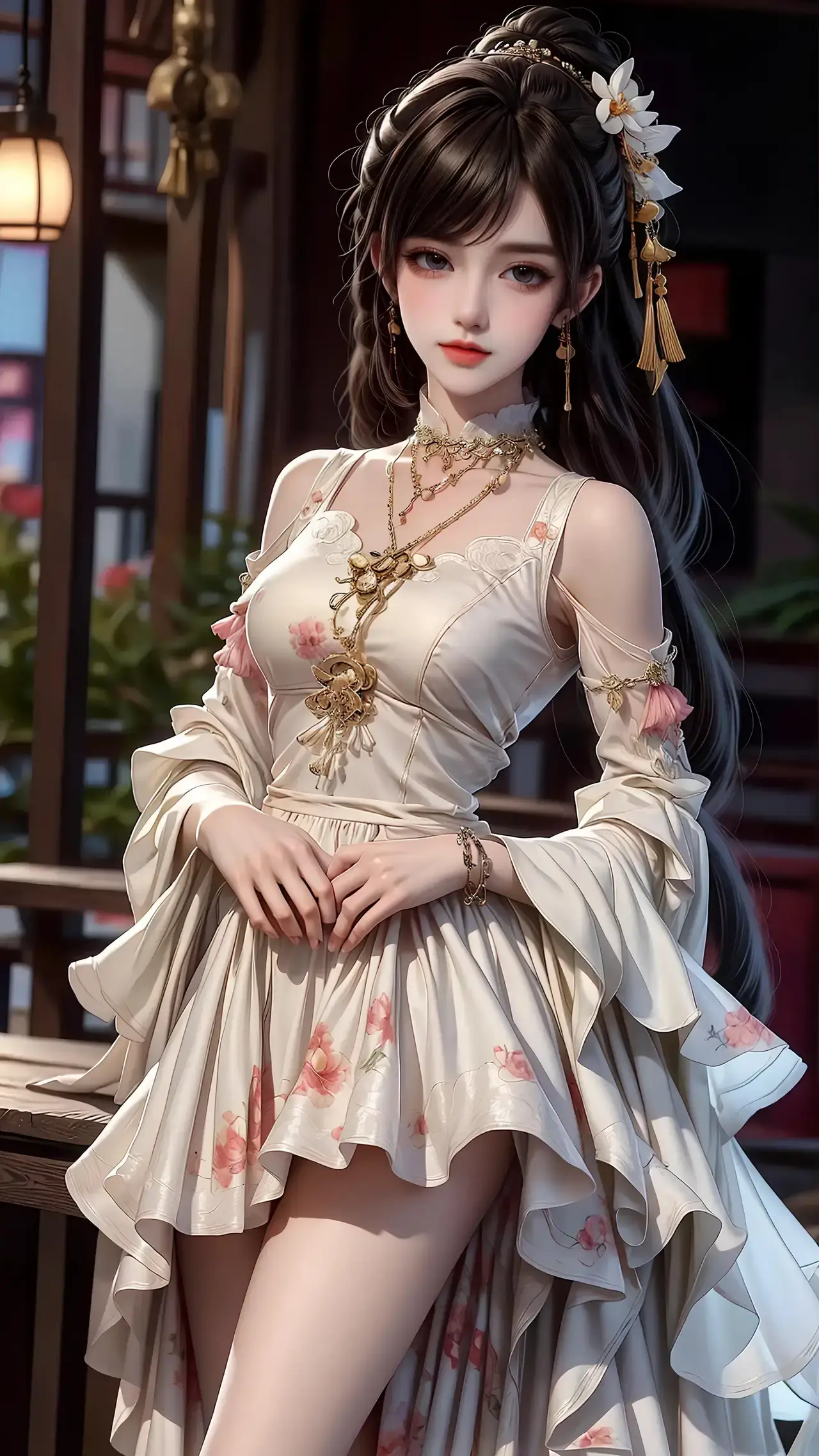 一个穿着裙子的女人摆姿势拍照的特写