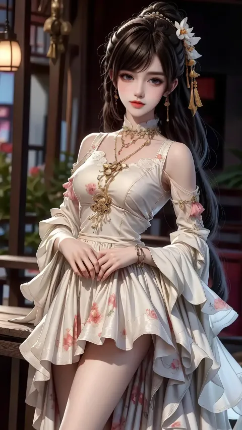一个穿着裙子的女人摆姿势拍照的特写