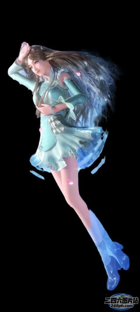 有一个身穿蓝色连衣裙和靴子的女人在空中飞舞