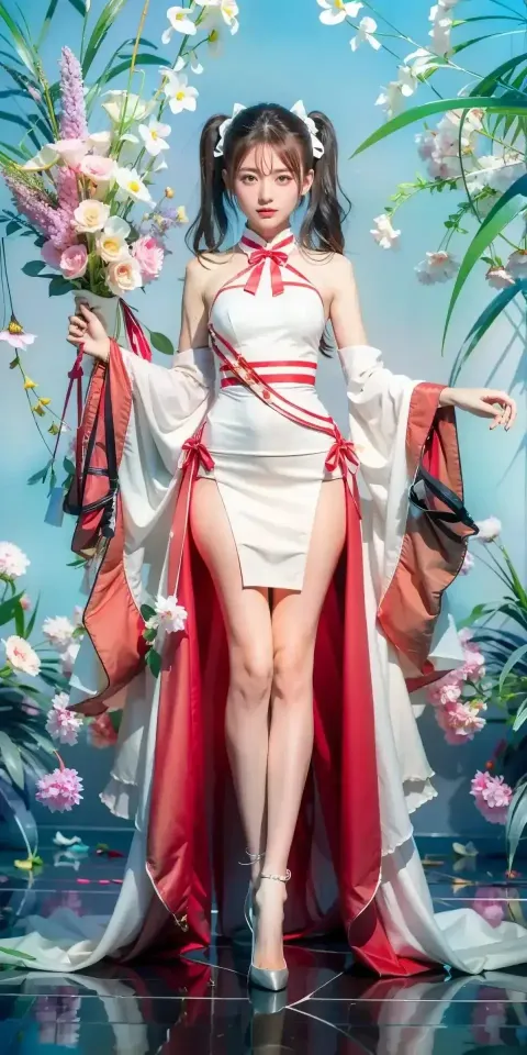 身穿白色连衣裙、身穿红色斗篷的女子摆姿势拍照