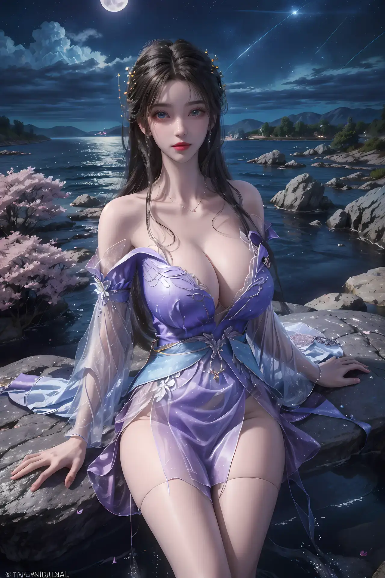 一个穿着紫色连衣裙的女人坐在岩石上的特写