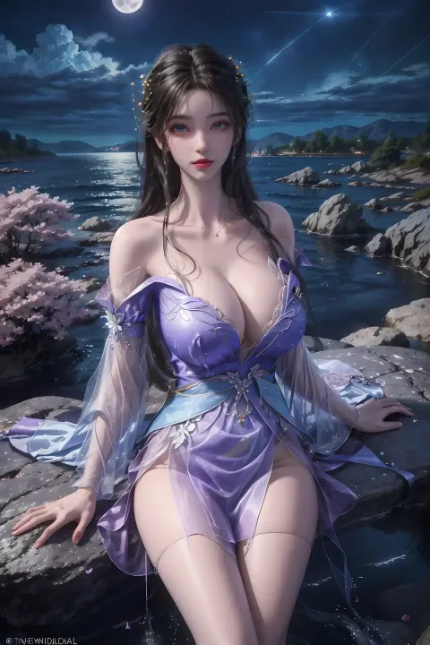 一个穿着紫色连衣裙的女人坐在岩石上的特写