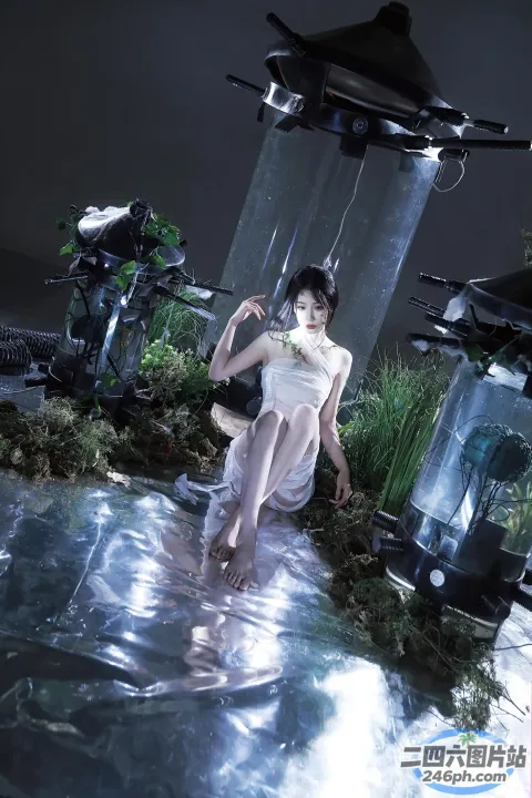 有一个女人坐在池塘里的一块石头上