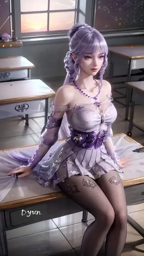 动漫 - 坐在桌子上的穿着裙子的女人的风格图像