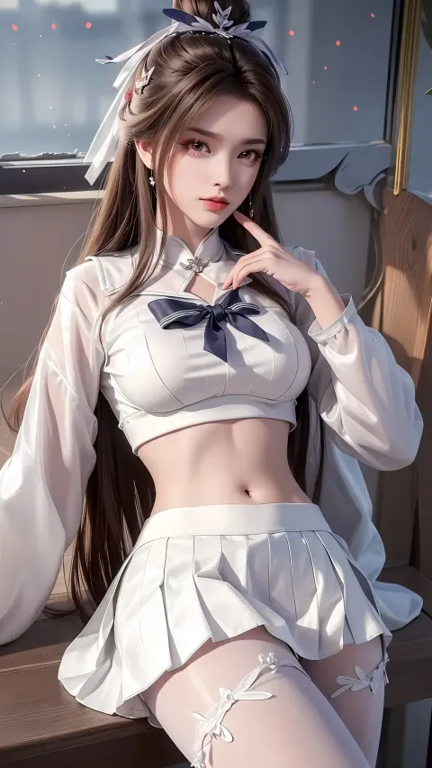 身着白色服装的亚洲女人摆姿势拍照