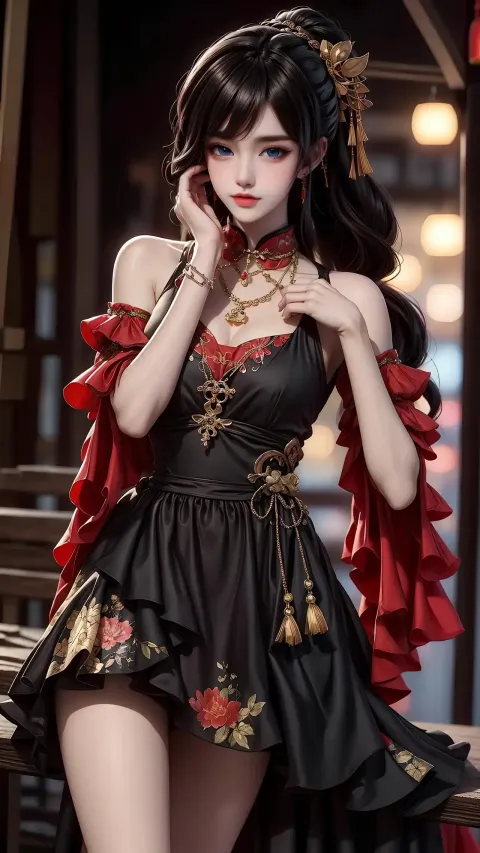 一个穿着裙子的女人摆姿势拍照的特写
