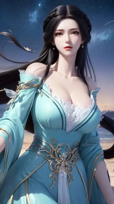 一个身穿蓝色连衣裙的女人手持剑和剑