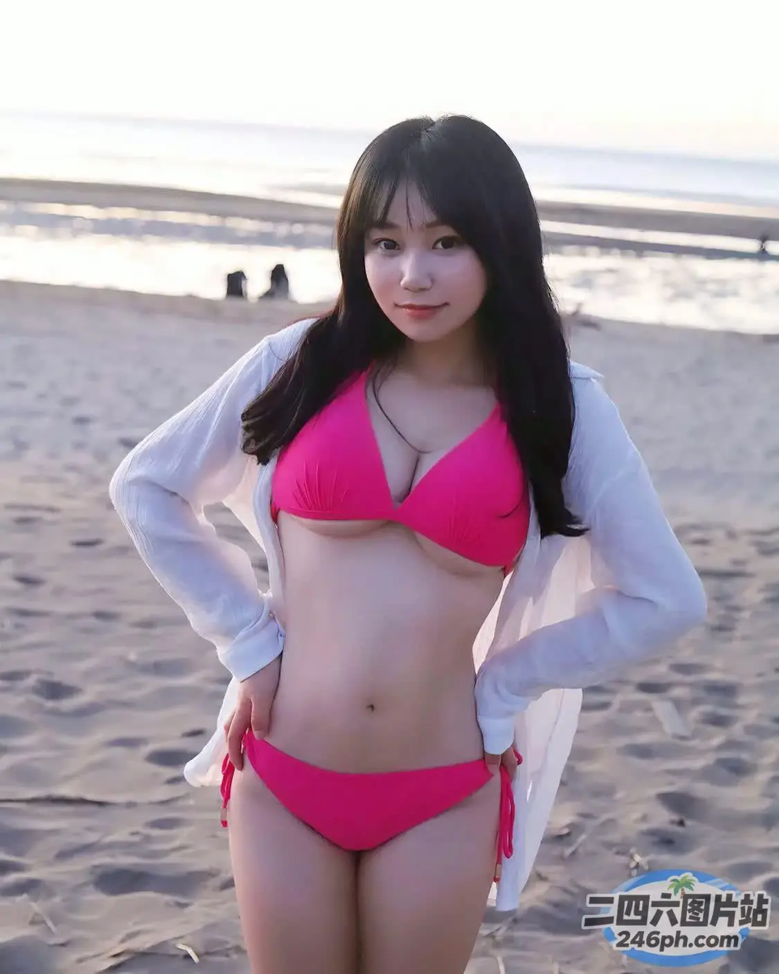海滩上穿着比基尼的女人的特写