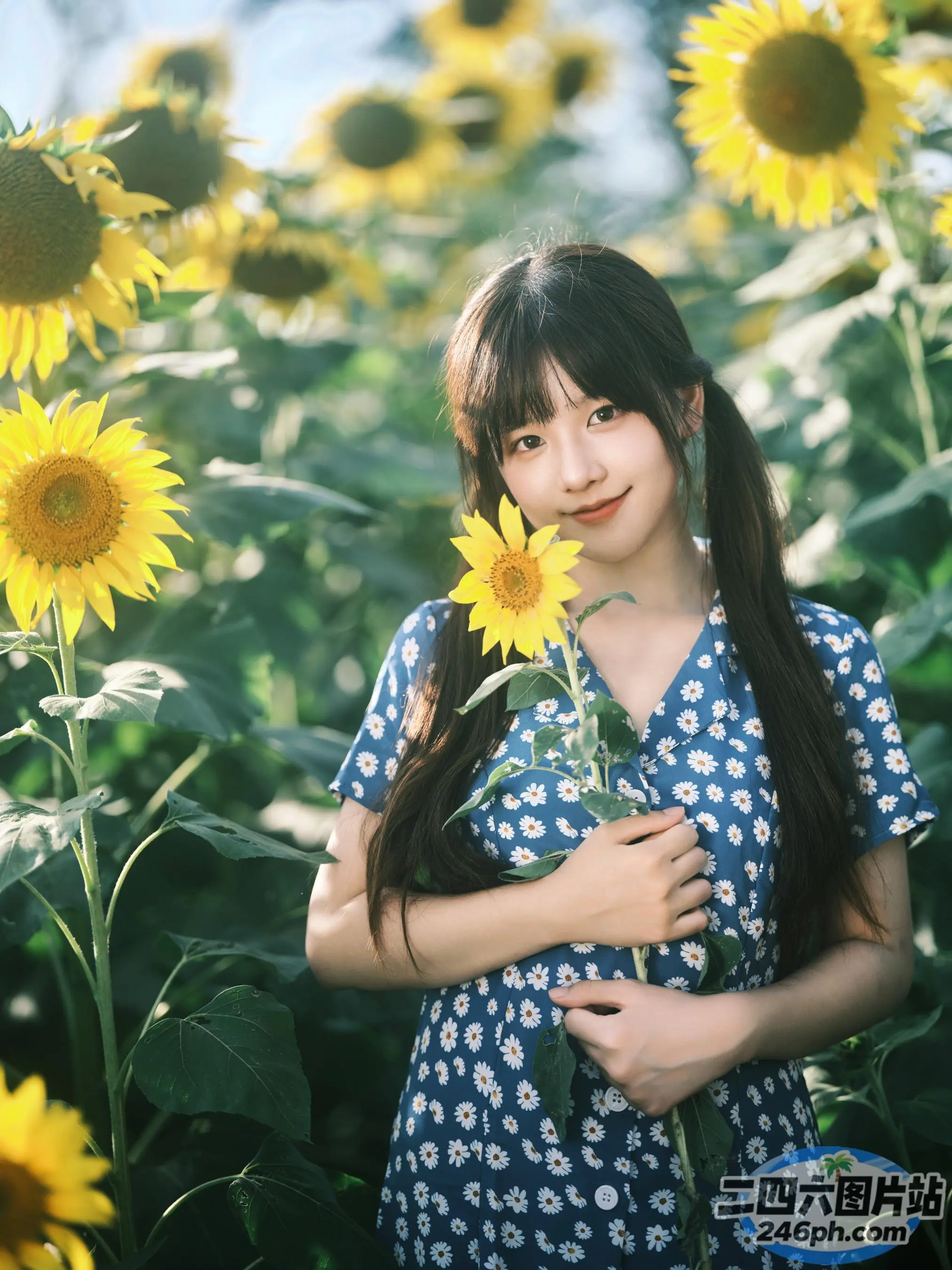 有一位女士站在向日葵田中，手里拿着一束花