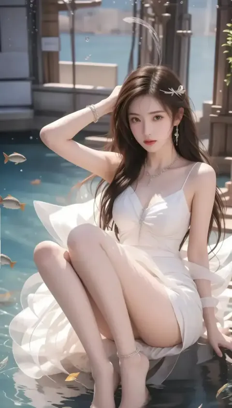 一个穿着白色连衣裙的女人坐在游泳池上