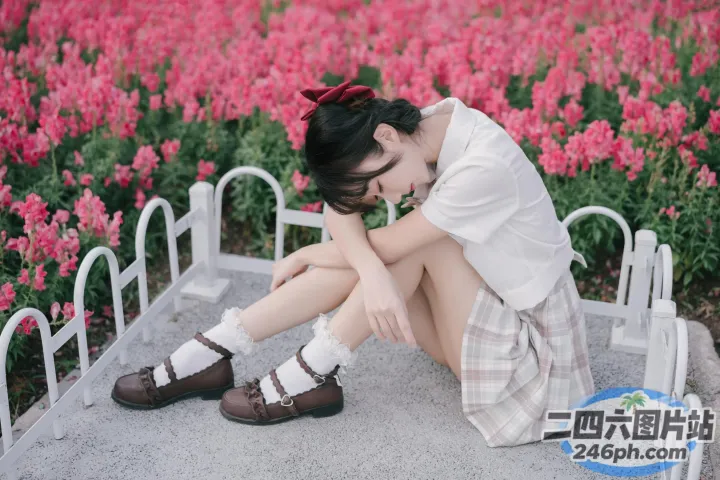 有个女人坐在花田里的长凳上