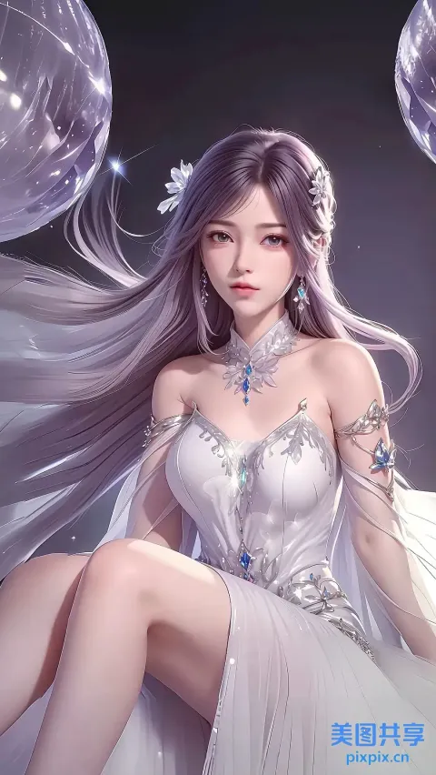 长发动漫女孩坐在带着气球的床上