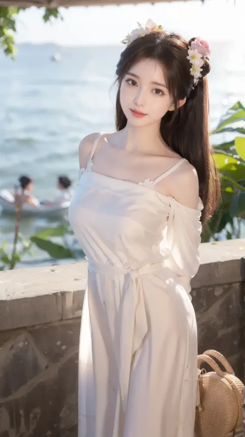 阿拉夫 身穿白裙的亚洲女人站在水体附近