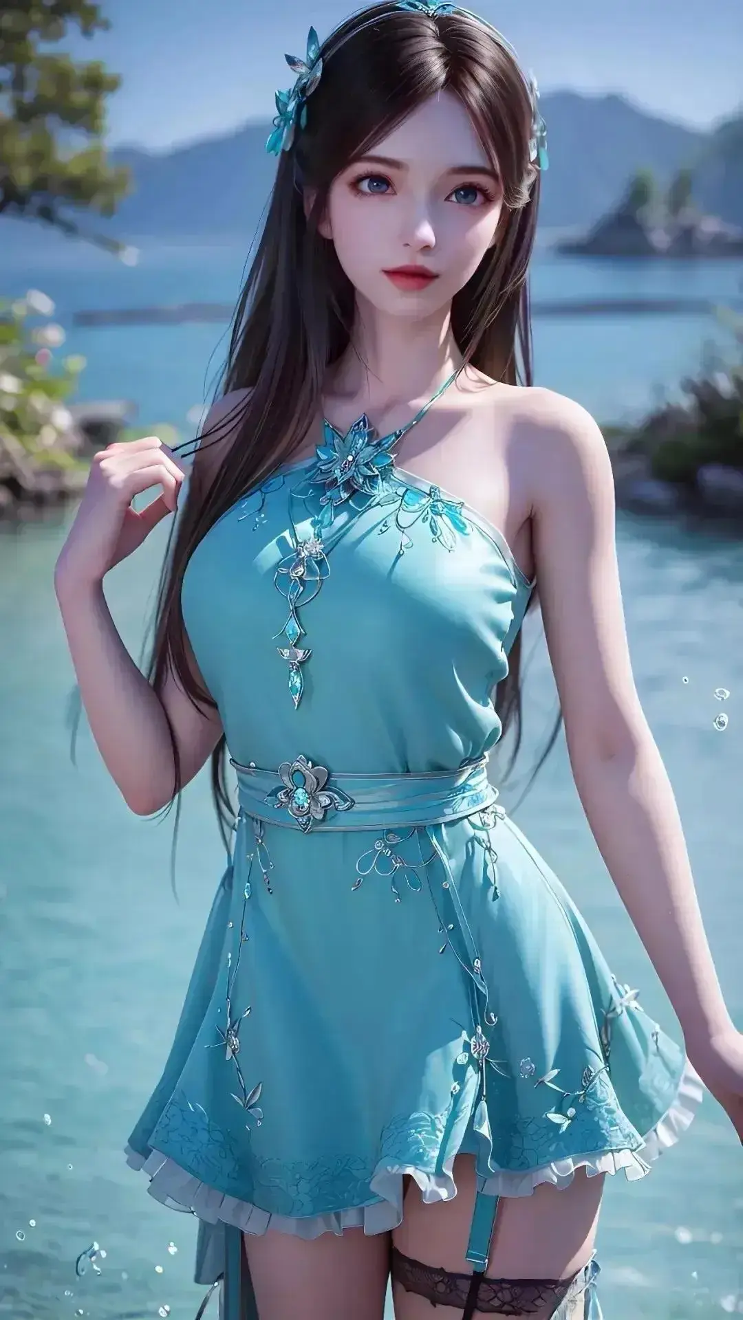 水体附近一位身穿蓝色连衣裙的女子的特写