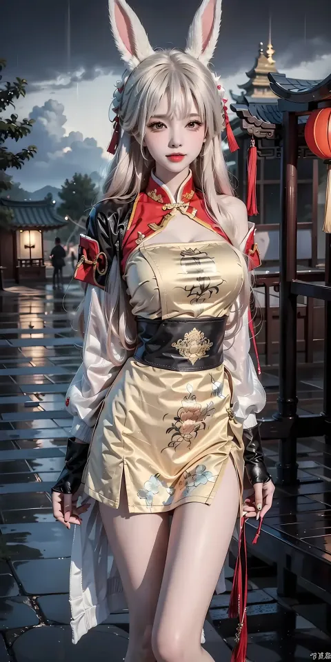 日本动画片 - 戴着兔子耳朵和金色服装的时尚女人摆姿势拍照