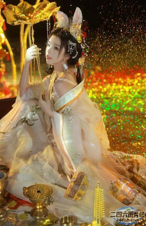 床上坐着一个穿着白色连衣裙的女人