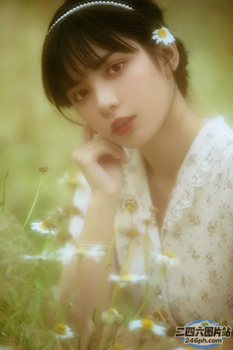 穿着白色连衣裙的阿拉夫德女人坐在花田里