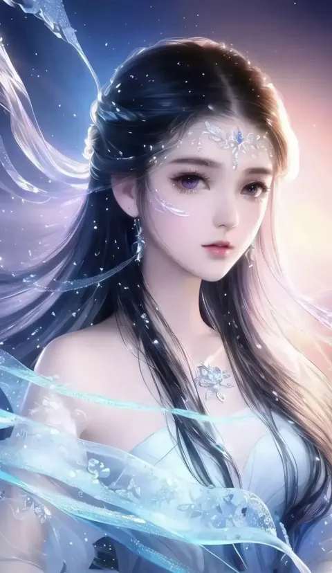 一个长发白裙的女孩站在雪地里