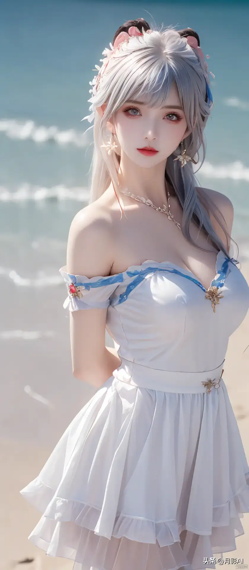 海滩上穿着白色连衣裙的女人的特写