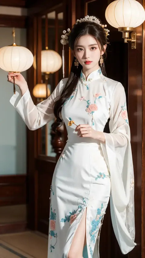 身穿白裙的阿拉夫德女人拿着扇子和一盏灯